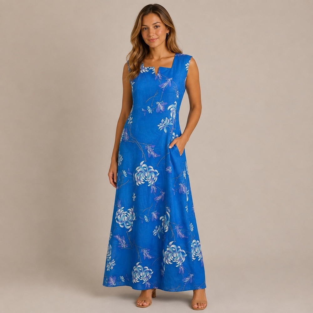 Liberty House Hawaii 8 Blue Floral Maxi Dress Tropical Island Resort Vintage